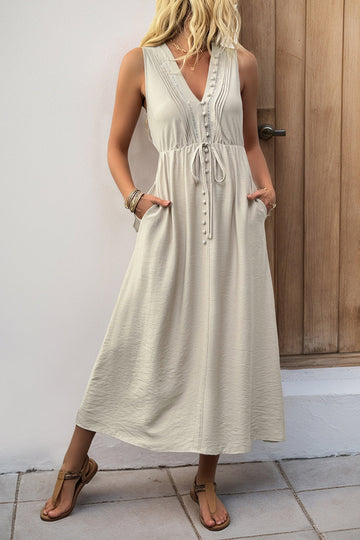 V-ringad Khaki A Line Casual Sommarklänning med fickor